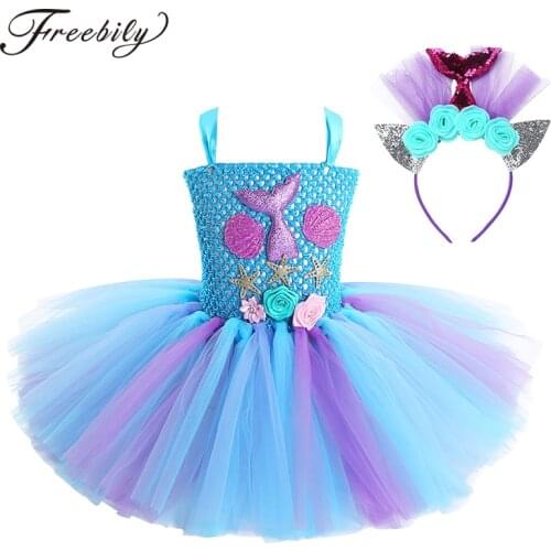 New Kids Girls Princess Mermaid Costume Sleeveless 3D Flower Mesh Dress Hair Hoop Set Children Halloween Cosplay Party Dress Up