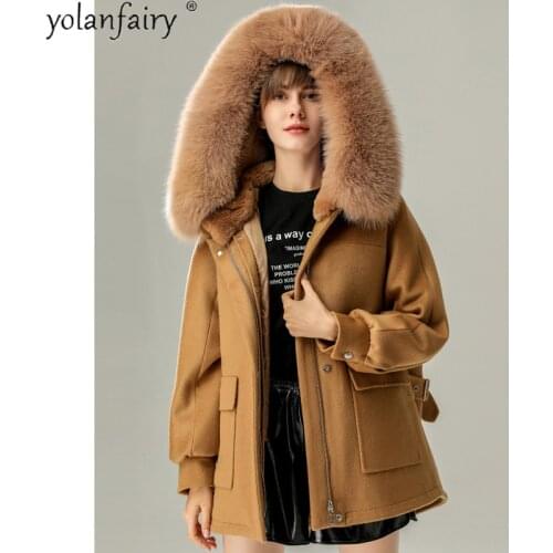 Autumn Winter Real Fur Coat Women Fox Fur Collar Hooded Female Parkas Rex Rabbit Fur Liner Warm Jacket Women 2020 Wool Coats