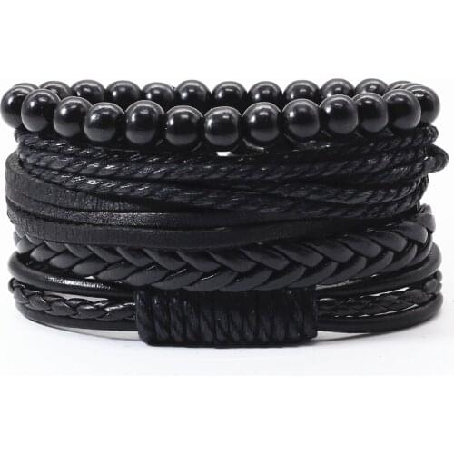 Handmade Woven Retro 4 Pcs/set Vintage Beads Brown Black Leather Men Bracelets For Women Femme Homme Male Jewelry