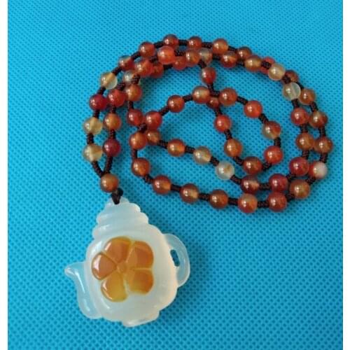 Nature chalcedony Carven teapot shape Pendant Amulet calcedony Mala bead Nacklace