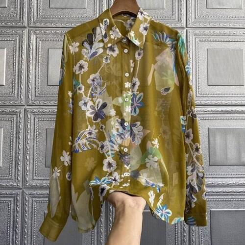 Stunning and light! ! Printed silk blouse long-sleeved silk shirt women