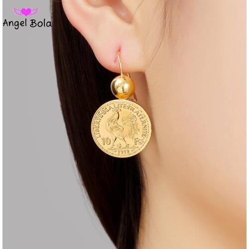 Drop Shipping Vintage Engraved Coin Drop Dangle Earrings for Women 10 Franc Coin Round Pendant Earring Pendientes