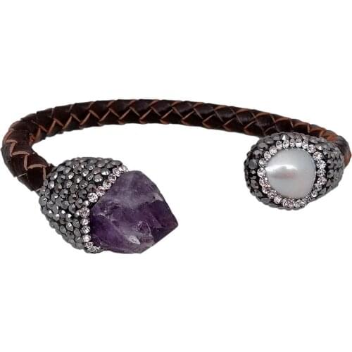 YYGEM Cultured White Pearl Purple Amethyst Rough Leather Bangle Bracelet Adjustable