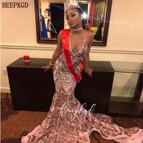 Rose Gold Sequins Mermaid Sexy Evening Dress Halter Backless Black Girls Pageant Dresses Customize Graduation Gowns Robe Soiree