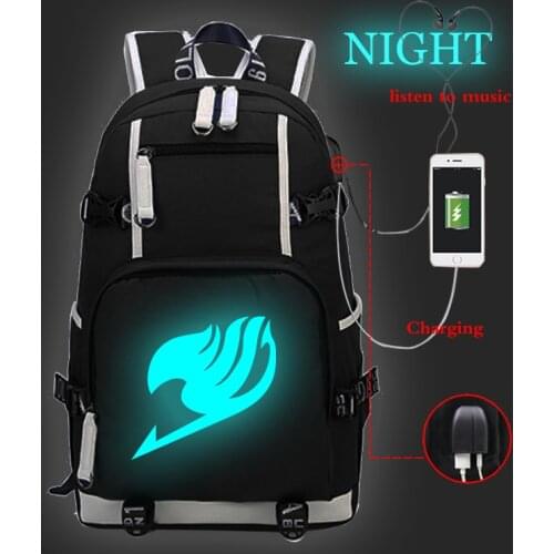 Luminous Backpack USB Charging Large Capacity Bagpack Unisex School Bags Fairy Tail Anime Backpacks Travel Bag College Bookbag