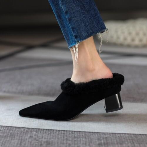 Dovereiss Fashion Womens Shoes Winter new Pointed toe Mules Pure color white consice sexy Elegant Chunky heels Slippers 33-40