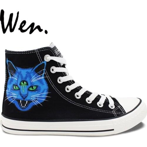 Wen Men Womens Design Custom Three-Eyes Cat Heads Blue Purple Hand Painted Canvas Shoes High Top Outdoor Canvas Sneakers