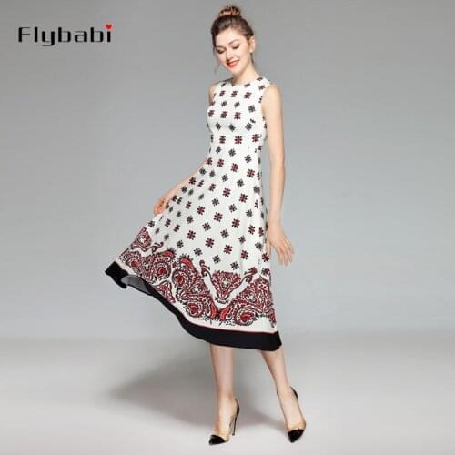 Vintage Waist Thin Flowers print A-Line Mid-Calf tank O-Neck Long dress New womens spring and summer 2018 year party dress