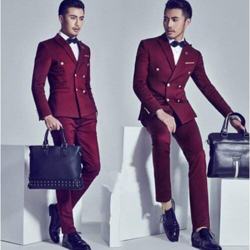 High Quality Double Breasted Burgundy Groom Tuxedos Peak Lapel Groomsmen Men Blazers Suits (Jacket+Pants+Tie) NO:478