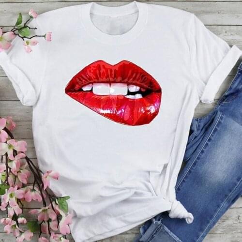 Women Graphic Lip Sexy Lovely Short Sleeve Cartoon Fashion Summer Female Clothes Print Short Sleeve Tops Tees Tshirt T-Shirt