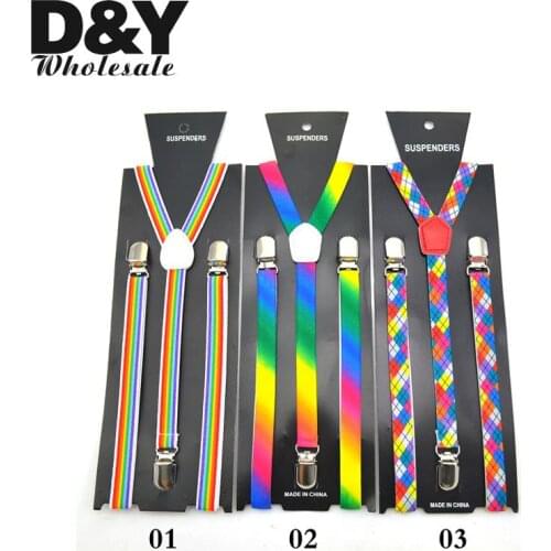 Women MenS Shirt Suspenders For Trousers Pants Holder Clip-on Braces Elastic Slim 1.5cm wide Rainbow Striped Mix Y-back gullas
