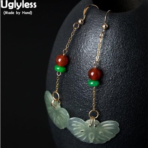 Uglyless 100% Real 925 Sterling Silver Exotic Wild Fine Jewelry for Women Natural Jade Butterfly Earrings Ethnic Long Earrings