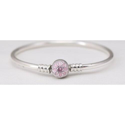 S925 Dahlia Bloom Charm Clasp Bangle & Bracelets Pale Cerise Enamel & Pink CZ fit Lady Beads Pendants