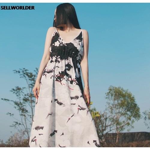 2021 Woman Japanese Kimono Style Crane Print Spaghetti Strap Loose Waist Dress