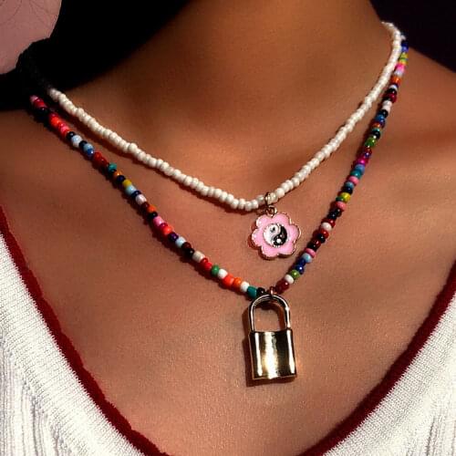 Boho Gold Lock Tai Chi Flower Beaded Pendant Necklace For Women Multicolor White Bead Layered Strand Necklaces Aesthetic Jewelry
