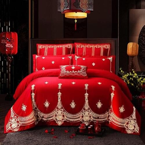 Golden Embroidery 60S Cotton Luxury Wedding Princess Bedding Set Duvet Cover Bed Sheet Linen Pillowcases Bedclothes Home Textile