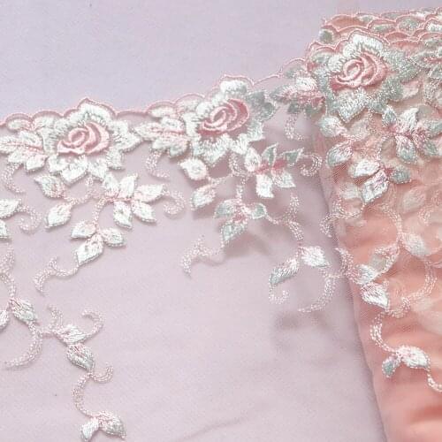 1 Meter 21.5 CM Wide Blue Floral Embroidered Lace Trim Pink Mesh Lingerie Bra Underwear Handmade Dolls Dress Sewing Fabrics DIY