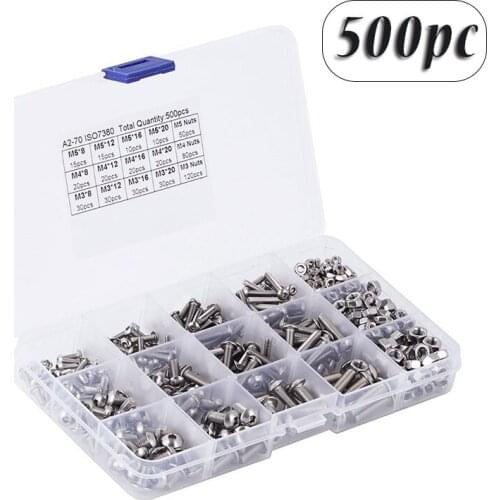 500Pcs/set M3 M4 M5 304 Stainless Steel A2 Round Head Screws Mushroom Hexagon Socket Button Head Screw Kit