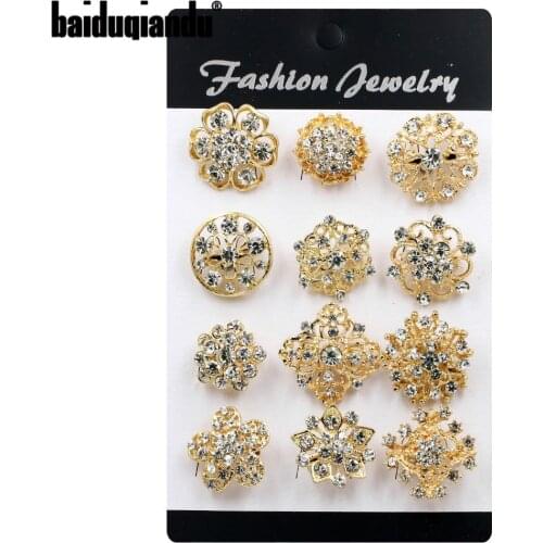 Baiduqiandu Brand 12 PCS Mixed Multi-Color Crystal Rhinestones Flower Design Small and Cute Brooch Set Wedding Bouquets DIY Pins