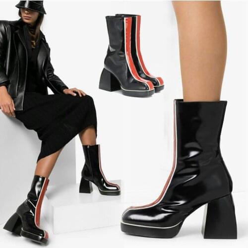 Botas Mujer New Winter Mid-calf Boots Womens Shoes Genuine Leather Platform High Heels Shoes Women Riding Motorcycle Boots554