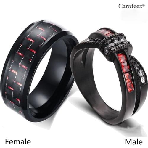 Carofeez Charm Couple Ring Red/White Zircon Bow Women Ring Weaving Stainless Steel Men Black Ring Jewelry Engagement Lover Gift
