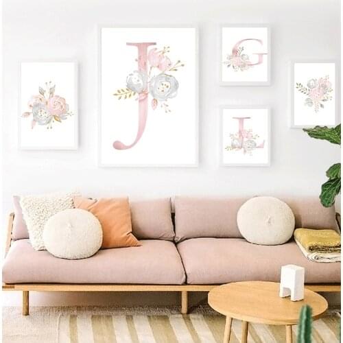 Flowers Wall Art Pictures For Girls Room Decoration Personalized Poster Baby Name Custom Canvas Painting Nursery Prints Pink