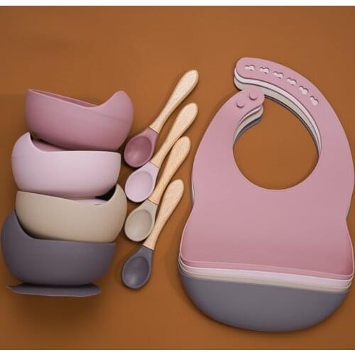 BPA Free Baby Silicone Tableware Waterproof Bib Flexible Saliva Towel Solid Color Sucker Bowl And Spoon For Children