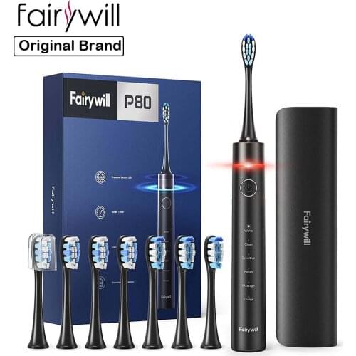 Fairywill Electric Toothbrush P80 Smart Timer Quiet IPX7 Waterproof Fast Charging 8 Replacement Heads 5 Modes with Travel Case