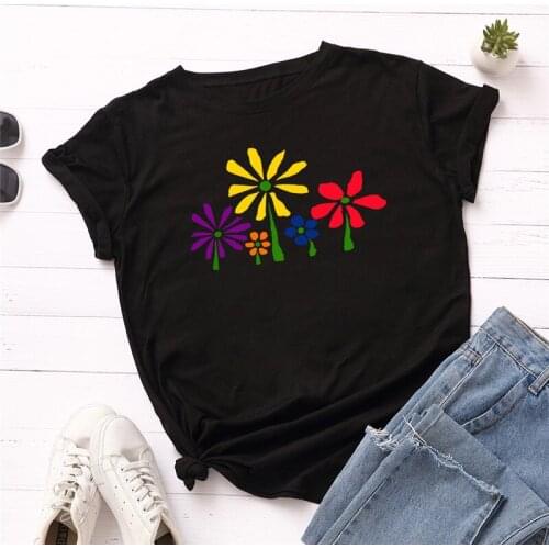 Plus Size S-5XL New Flower Print 100%Cotton Women T-Shirt O Neck Short Sleeve Summer Tops T Shirt Female TShirt Women Shirts