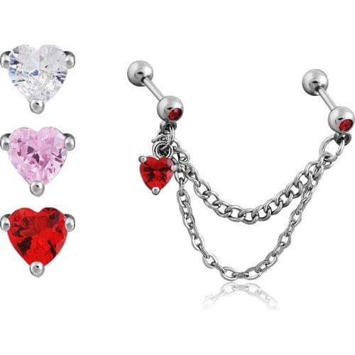 Hot Sale 1PC Titanium Steel Round Love Heart Zircon Ear Studs Non-allergic Chain Tassel Earring Body Piercing Fashion Jewelry