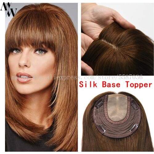 MW 6*6 16" Natural Black Human Hair Topper Wig For Women Straight Mono Net With PU Base With Clips In Hair Toupee Remy Hairpiece