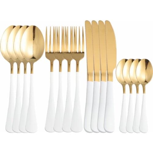 16Pcs White Gold Stainless Steel Cutlery Tableware Set Dinnerware Dinner Flatware Set Forks Knives Spoons Set Thin Silverware