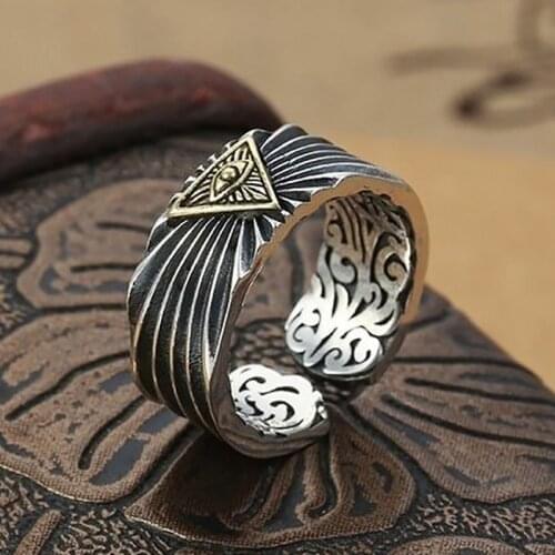 New Trend Retro Handmade Omniscient Unisex Male And Female Models Gods Eye-opening Adjustable Ring Silver Jewelry