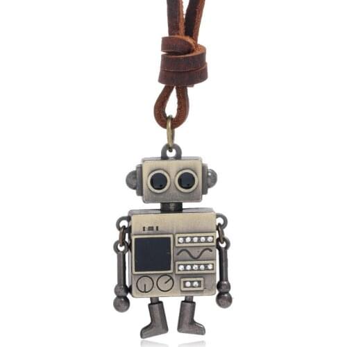 Punk Rock Fashion Robot Necklace Adjustable Genuine Leather Vintage Chain Alloy Mechanic Pendant Women Men Casual Hiphop Jewelry