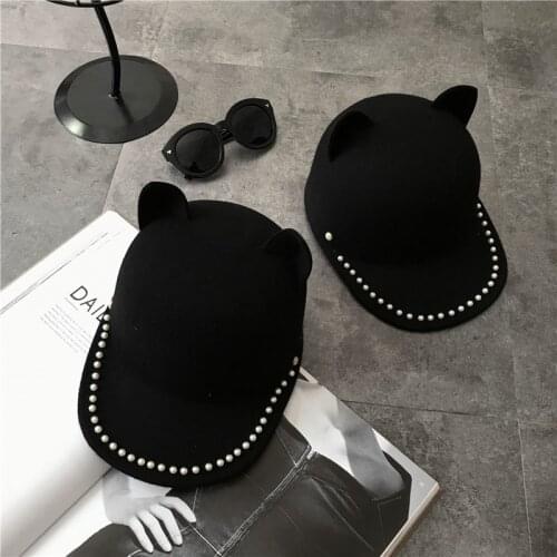 Suaishi-9121 autumn same star style character cat ear pearl wool black VISORS cap women leisure Equestrian hat