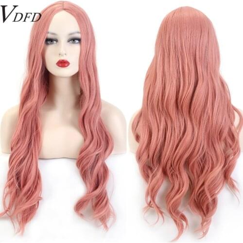 VDFD Long Wavy Pink Cosplay Wig Synthetic Hair Middle Part Curly Party Costume for Black White Women Heat Resistant Fiber