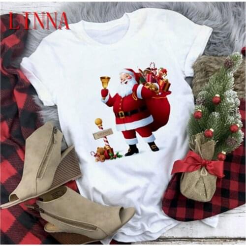 Ladies cute reindeer T-shirt ladies fashion Christmas Harajuku short-sleeved T-shirt white T-shirt suitable for all seasons