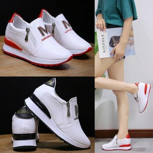 2021 NEW Women Genuine Leather Wedge High Heel Women Shoes Platform Sneakers Increased Internal Zipper Moccasins Shoes Woman