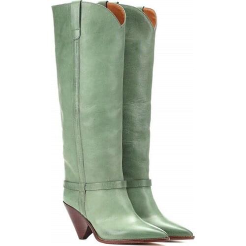 2021 Autumn Knee-high Boots Women Elegant Green Genuine Leather Modern Boots Pointed Toe Spike Heels Shoes Woman Botas Mujer