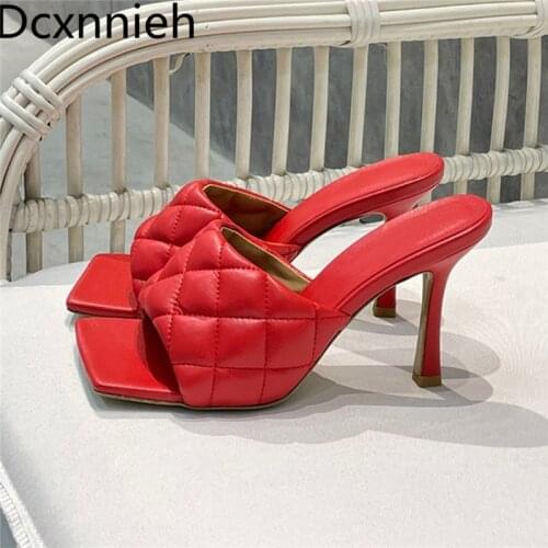 Women Slippers Rhombus Leather Mules High Heels Classic Square Toe Summer Shoes Woman Candy Color Runway Party Women Sandals New