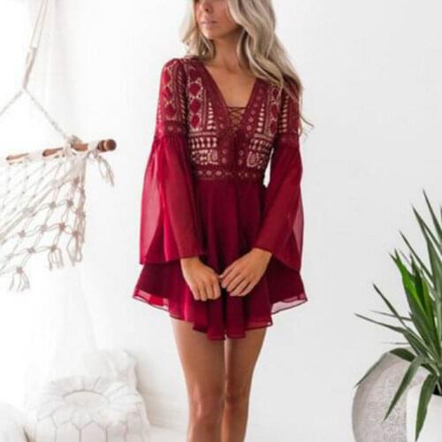 Women Hollow Out Chiffon Dress 2021 Cross Bandage Lace Semi-sheer Plunge Mini Dress Female Sexy V-Neck Long Sleeve White Dress