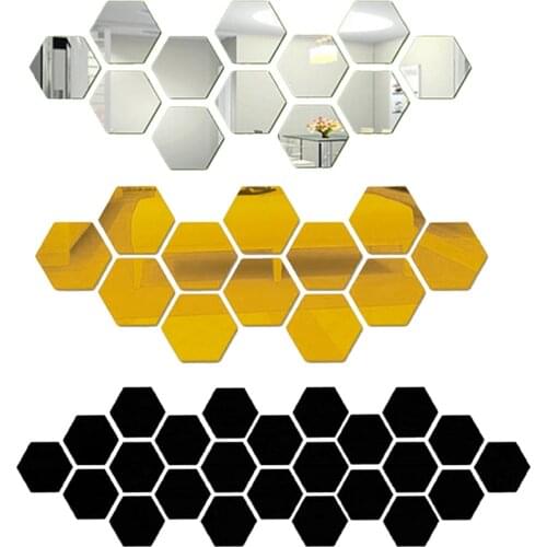Urijk 12Pcs 3D Hexagon Acrylic Mirror Wall Stickers DIY Art Wall Decor Stickers Living Room Mirrored Sticker Gold Home Decor