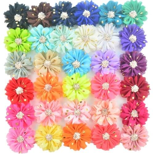 20 pcs/lot , 3.15 inch Scalloped Ballerina Flowers with Gold Polka Dots and Rhinestone Center, Ruffled Tutu Fabric Flowers