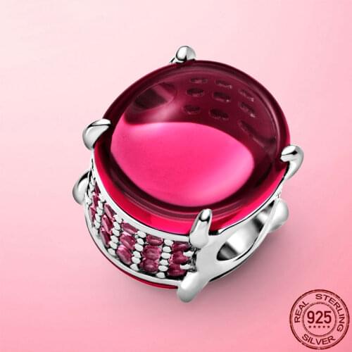 2021 Hot Zircon Beads 925 Sterling Silver Fuchsia Rose Oval Cabochon Charm fit Pandora Beaded Bracelet Bangle Silver 925 Jewelry
