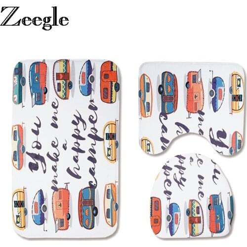 Zeegle Memory Foam Bathroom Mat Cartoon Bus Bath Mat Bathroom Rug Non-slip Toilet Mat 3Pcs Bathroom Carpet Absorbent Floor Mats