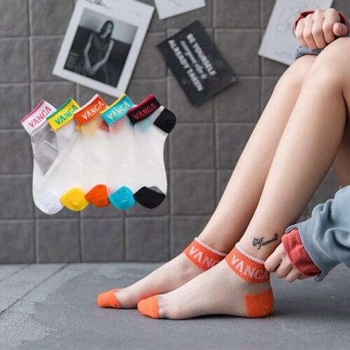 5pairs Summer Women Transparent Socks Meias Ultrathin Crystal Socks Glass Silk Sock Stretch Letter Socks Calcetines Mujer 34-39