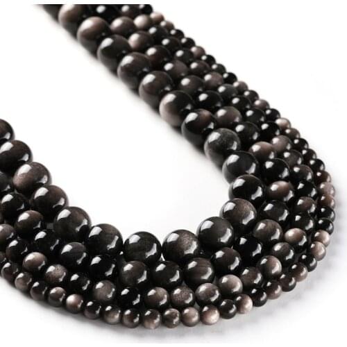 Genuine Natural Silver Obsidian Loose Beads ,Smooth and Round Stone Beads,15 inches starand 6mm 8mm 10mm 12mm