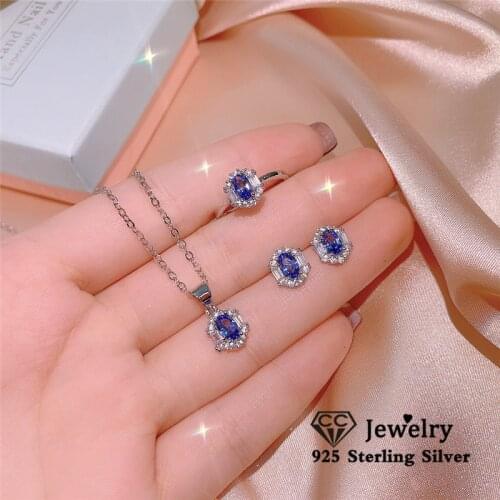 CC Fine ewelry Set 925 Silver Necklace Earring Ring Sets for Women Blue Cubic Zircon Wedding Party Accessories Gift