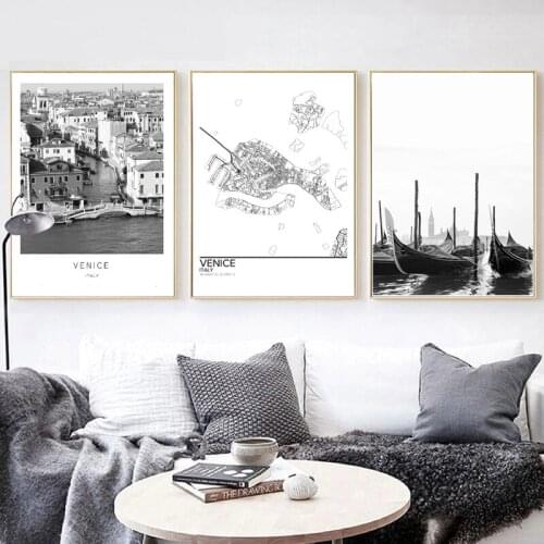 Black White Venice City View Photo Poster Print Italy Travel Gift Venice Map Canvas Painting Wall Art Picture Living Room Decor