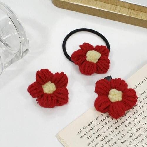 Flower Accessory Red Flower Design Decorative Woolen Yarn Girls Knitted Hairpin Brooch Bracelet Hair Rope for Birthday Gift